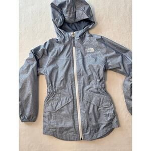 The North Face Girls Rain Jacket Light Blue Cinch Waist Hooded Coat S 7 8